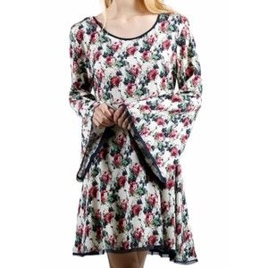 Kori America Floral Boho Victoria Dress Bell Sleeves Sheer Edge size S $109 NEW